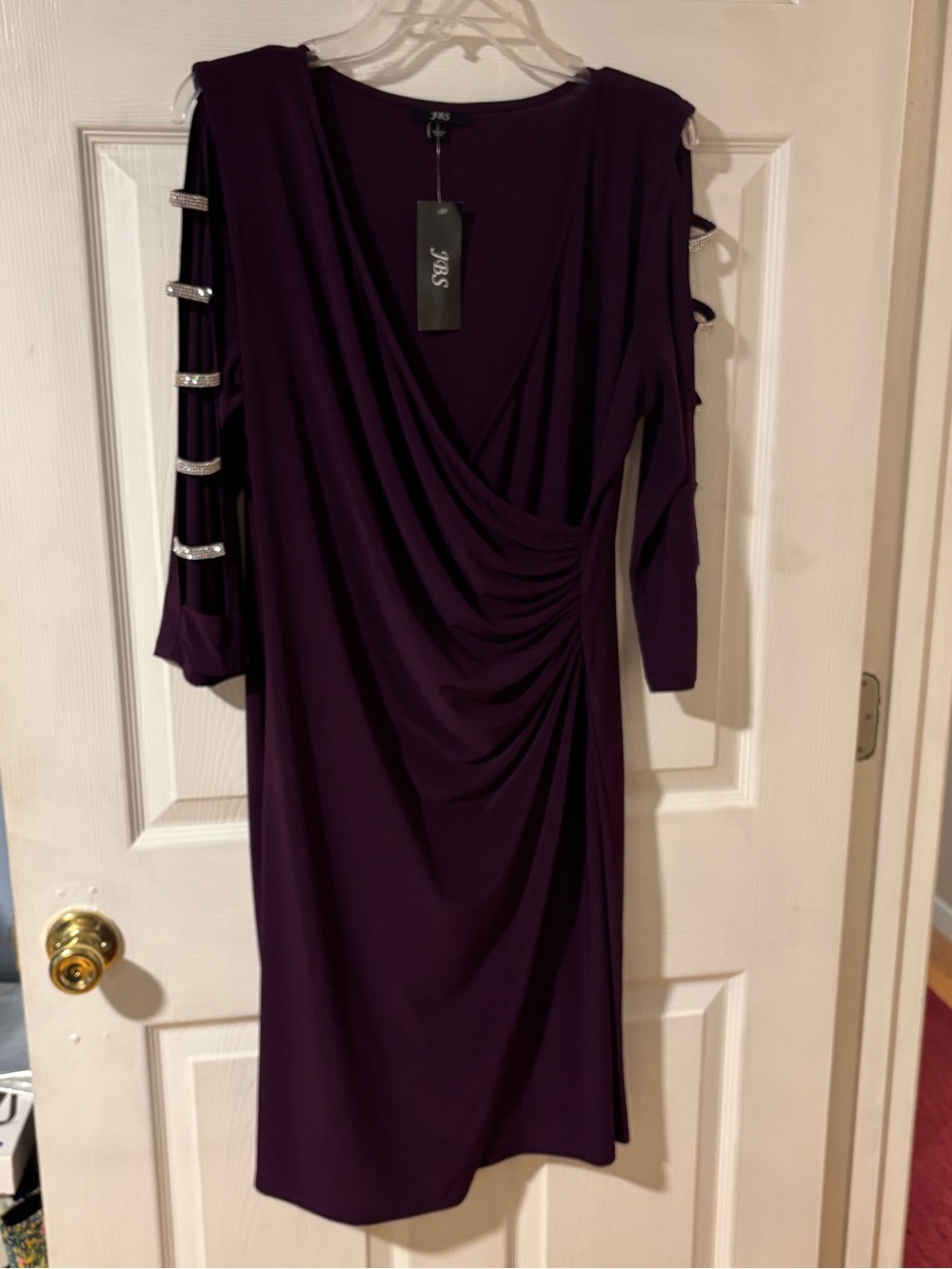 JBS Purple Ruched V-Neck Midi Dress with Embellished Sleeve L NWT